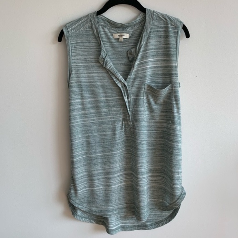 Madewell Green & White Sleeveless Top with Pocket